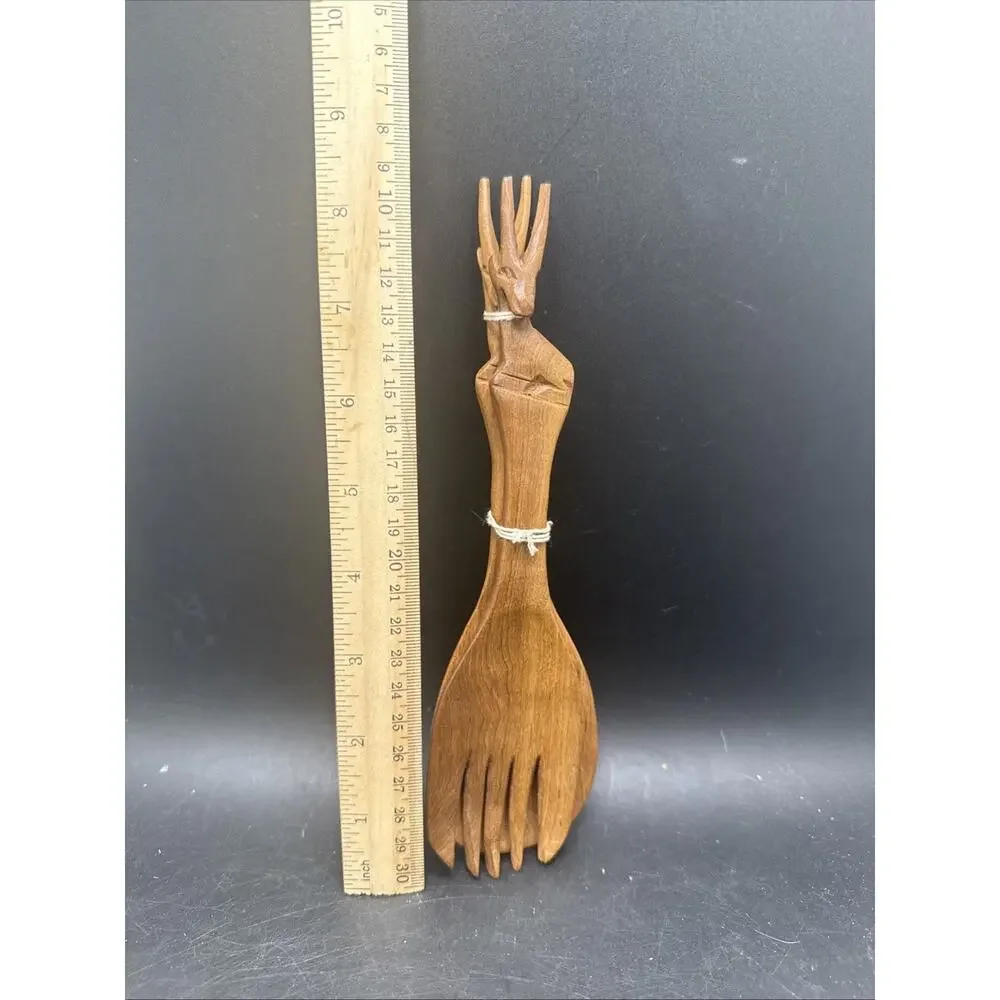 African-handmade-handcarved-animal-gazelle-salad server set-wood-fork and spoon